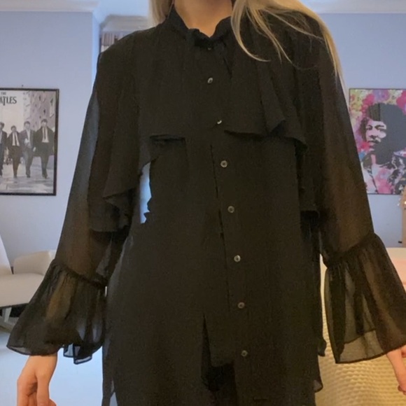 Saks Fifth Avenue Black Button Down Silk Sheer Bouse - Picture 3 of 4